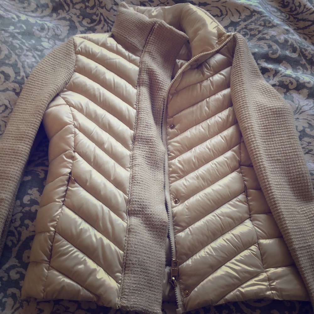 Calvin Klein tweed puffer Jacket and UGG beanie